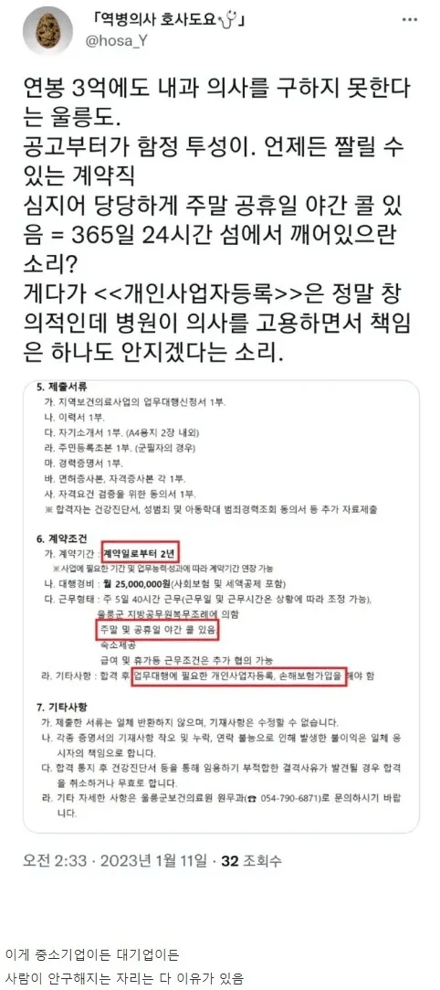 울릉도가 연봉 3억으로도 의사 못구하는 이유