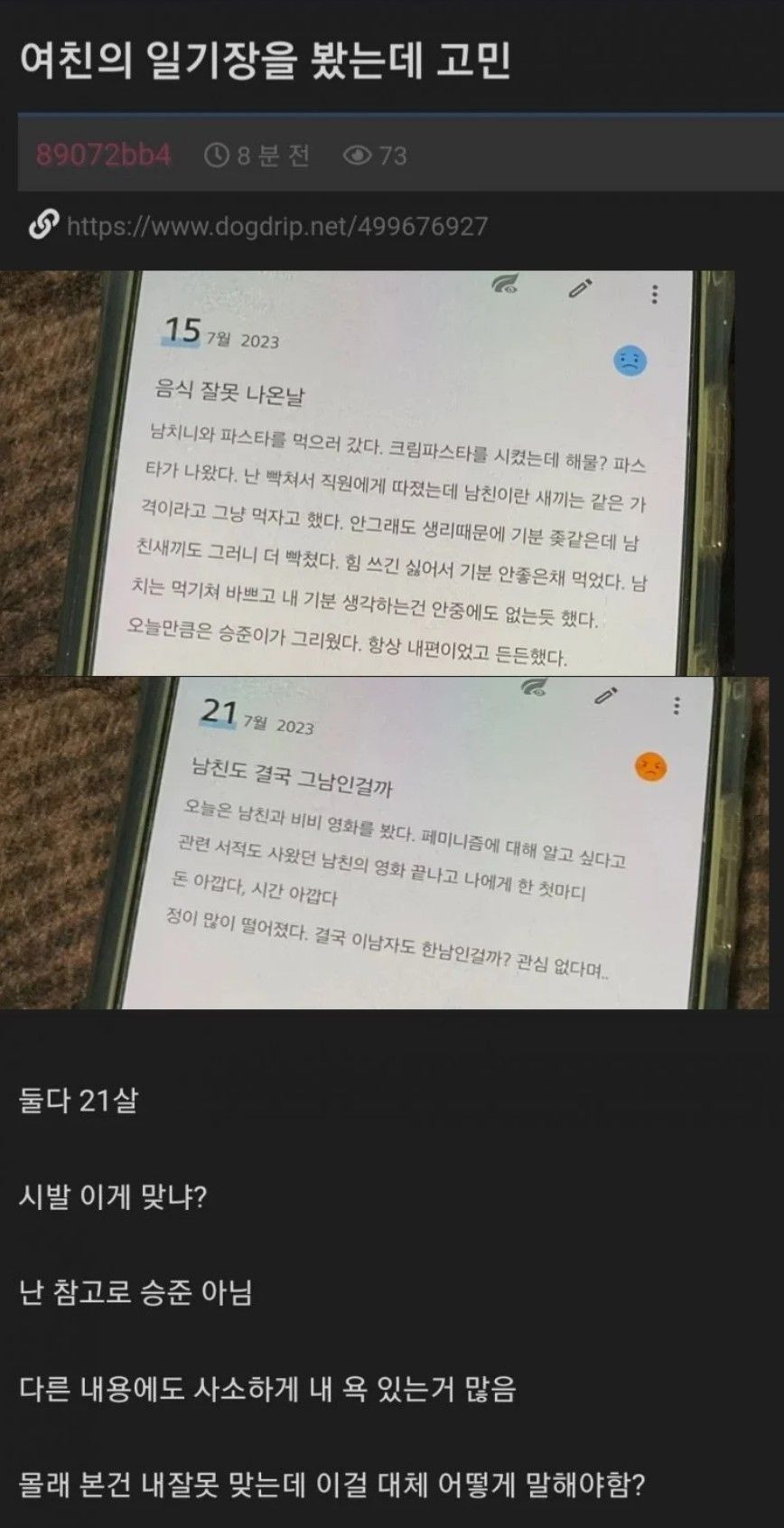 여친의 일기장을 보고 고민에 빠짐